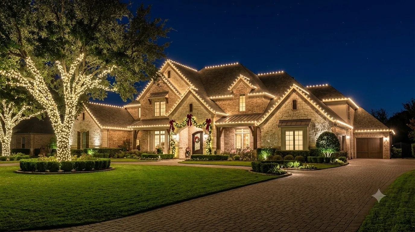 Two-story brick estate with warm white C9 roofline lighting and a wrapped oak tree