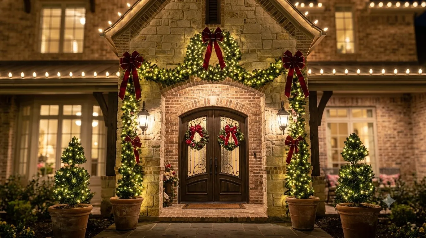 Front entry framed in lit garland with red bows and wreaths on the doors