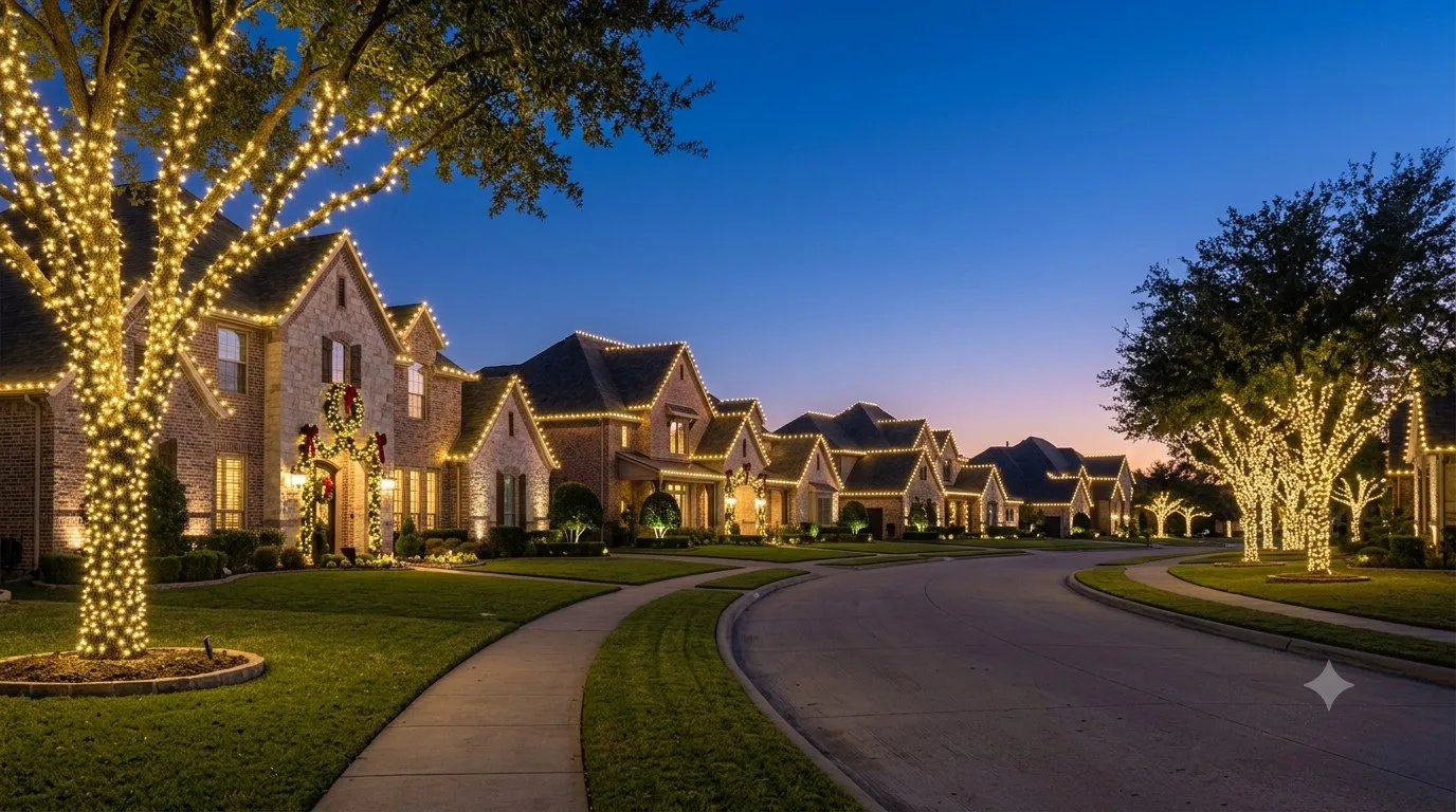 Street of homes glowing with warm white Christmas lights at dusk